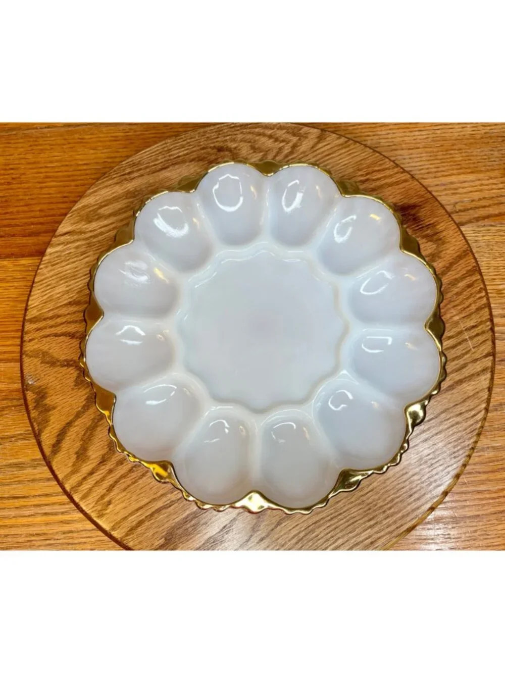 Vintage Anchor Hocking Milk Glass Deviled Egg Plate, Gold Trim